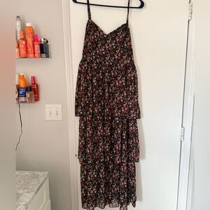 Tiered Floral Maxi Dress with Spaghetti Straps - Black with Red Floral